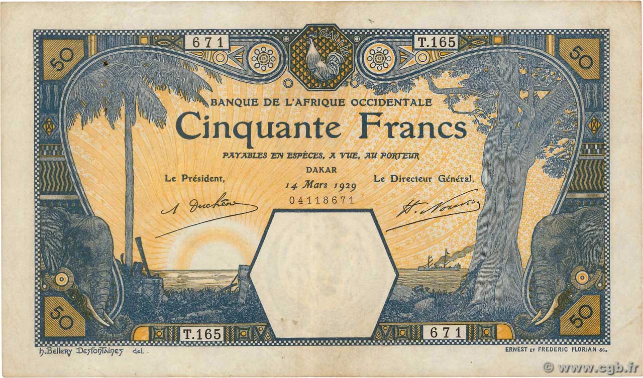 50 Francs DAKAR FRENCH WEST AFRICA Dakar 1929 P.09Bc VF