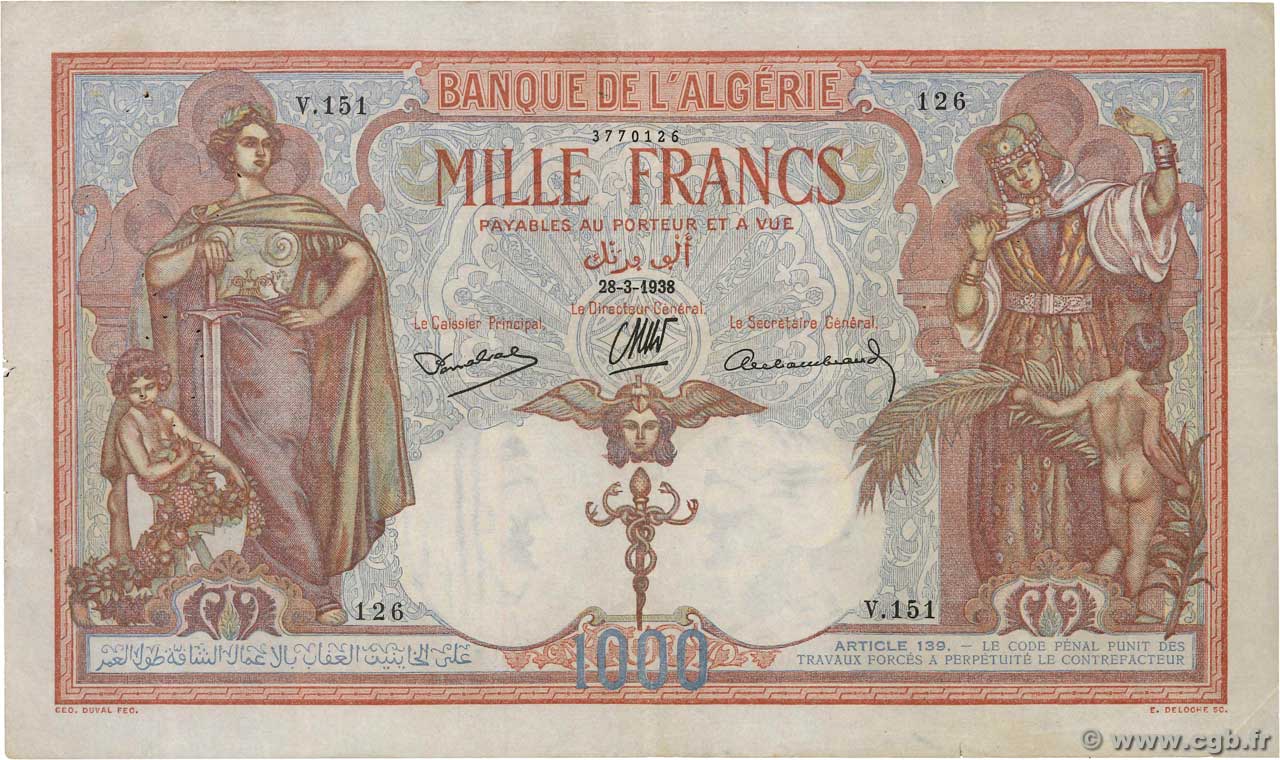 1000 Francs ALGÉRIE  1938 P.083a TTB