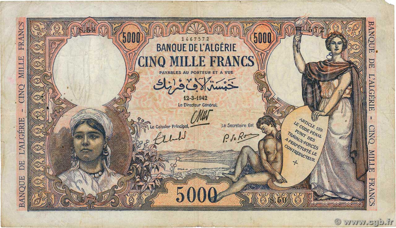 5000 Francs ALGERIEN  1942 P.090a S