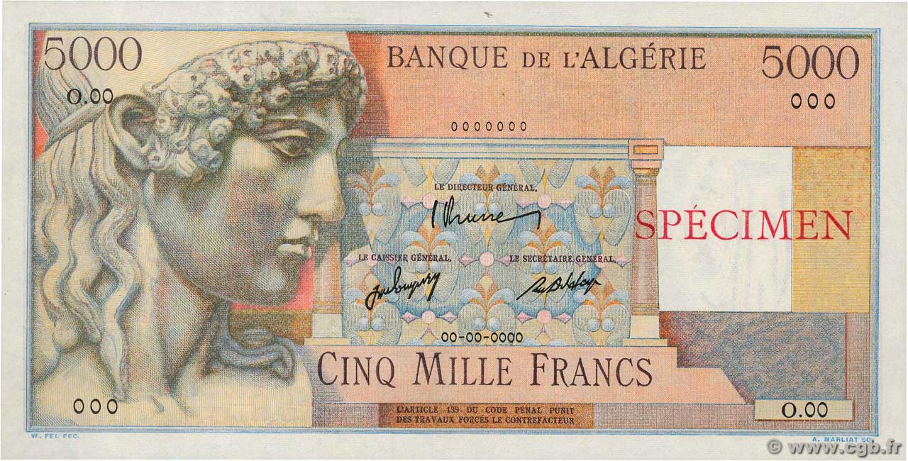 5000 Francs Spécimen ARGELIA  1946 P.105s SC+