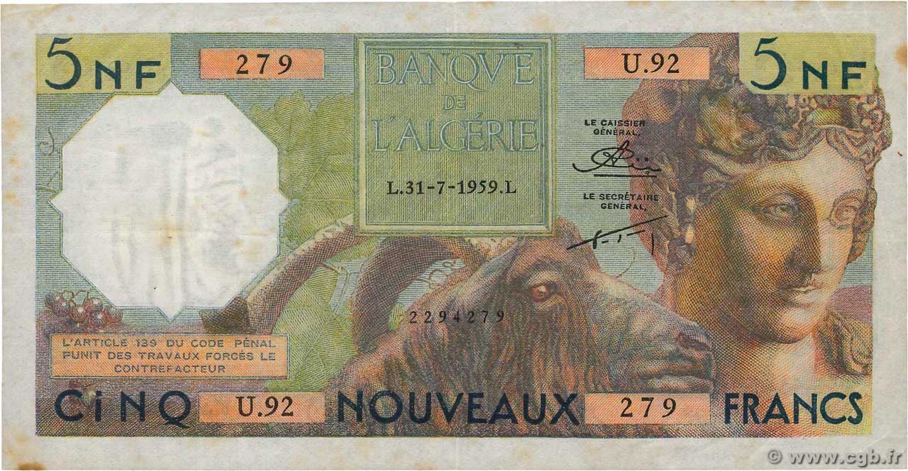 5 Nouveaux Francs ALGERIA  1959 P.118a BB