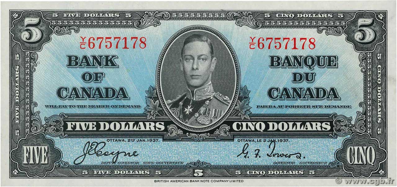 5 Dollars CANADA  1937 P.060c UNC-