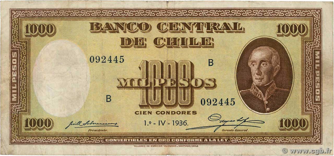 1000 Pesos - 100 Condores CHILI  1936 P.099 TB