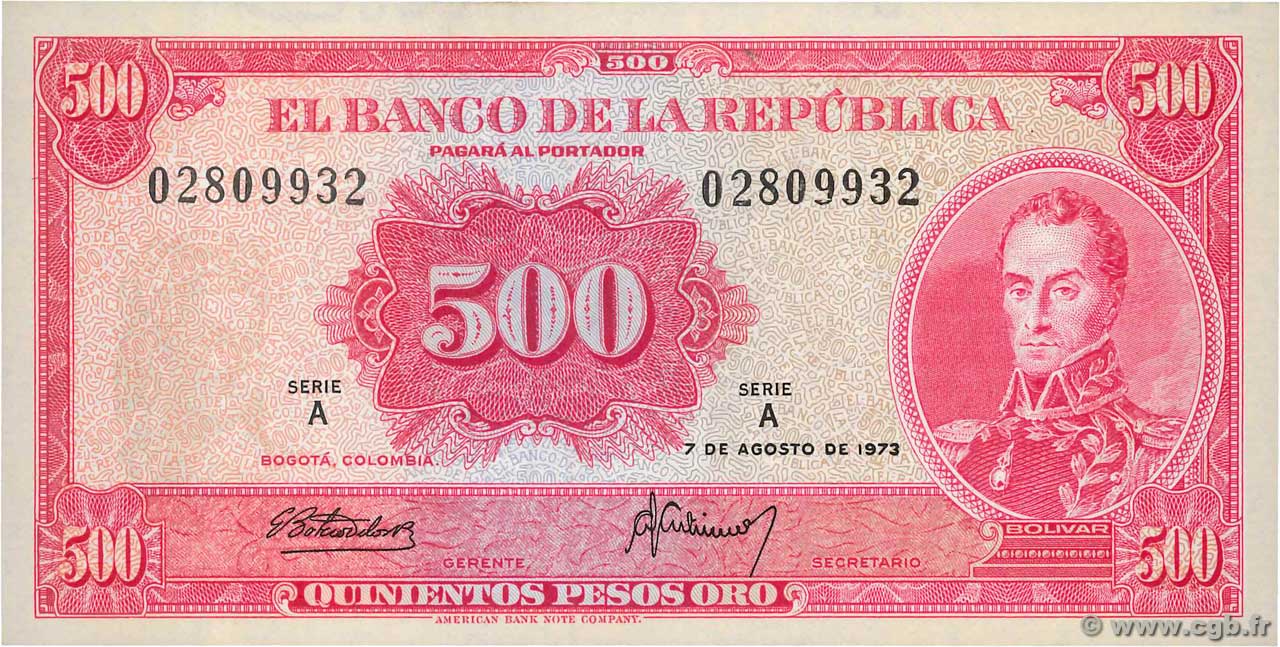 500 Pesos Oro Faux COLOMBIE  1973 P.416 NEUF