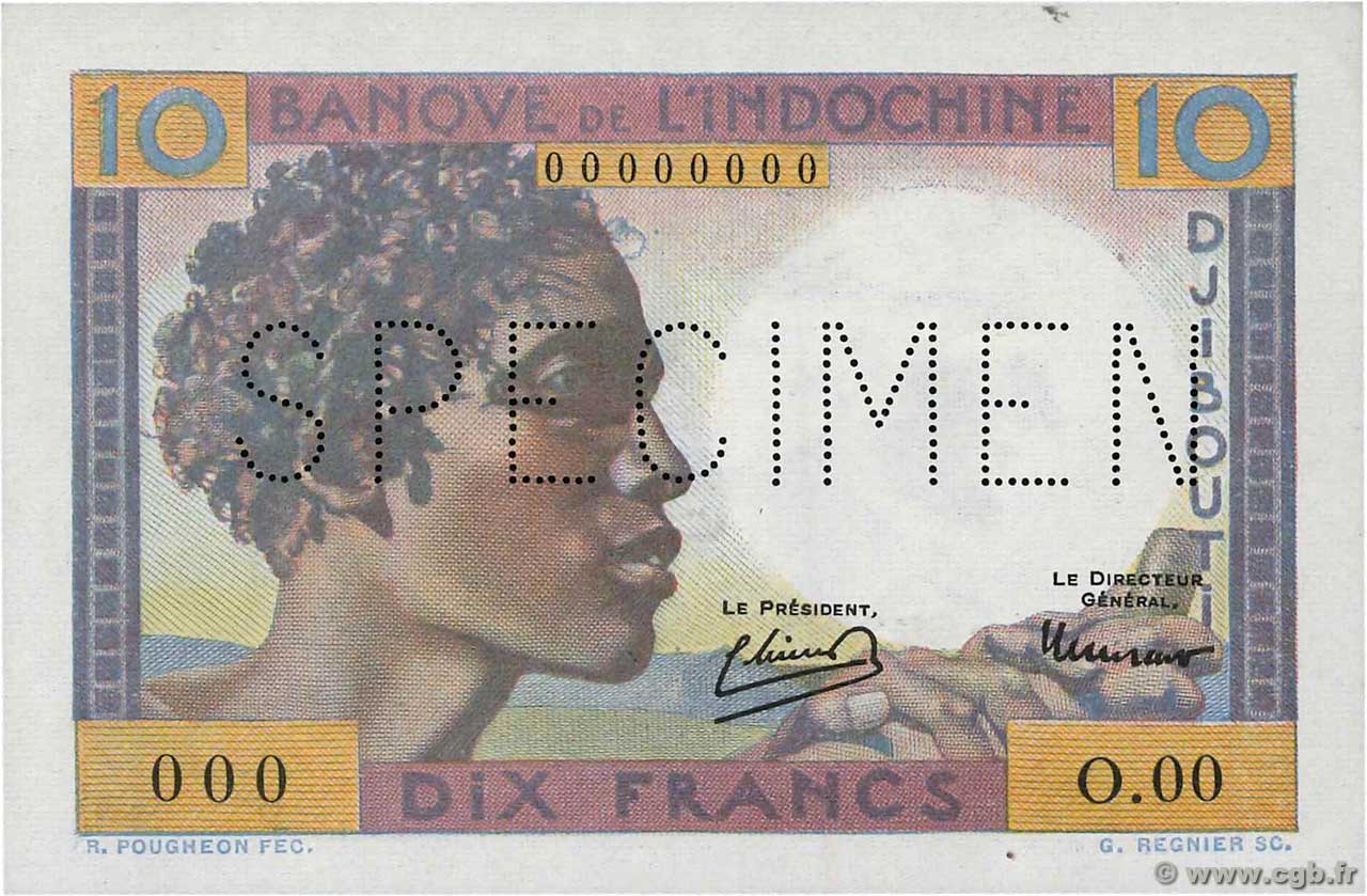 10 Francs Spécimen DJIBOUTI  1946 P.19s UNC
