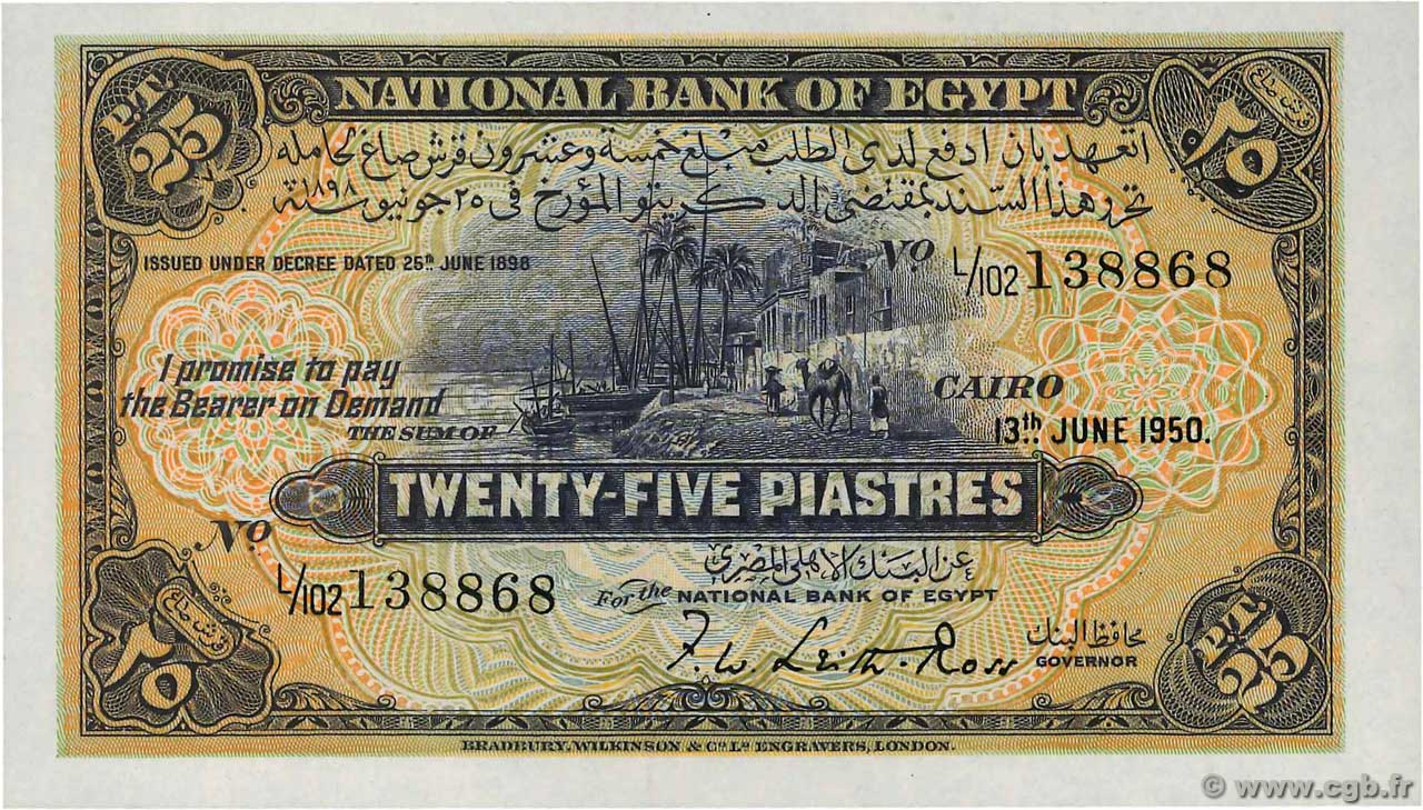 25 Piastres ÄGYPTEN  1950 P.010d fST+