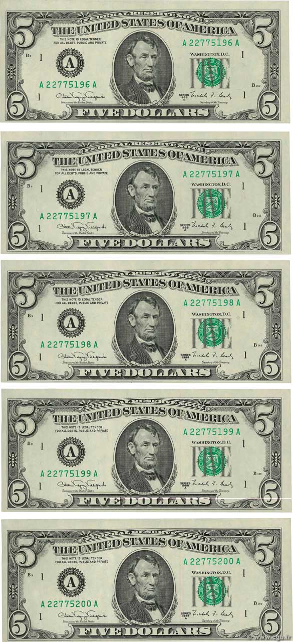 5 Dollars Consécutifs STATI UNITI D AMERICA Boston 1988 P.481b q.AU