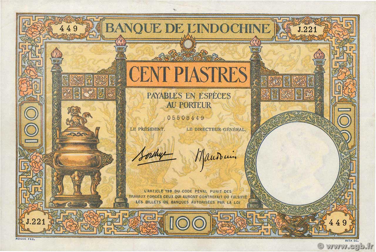 100 Piastres INDOCHINE FRANÇAISE  1936 P.051d TTB+