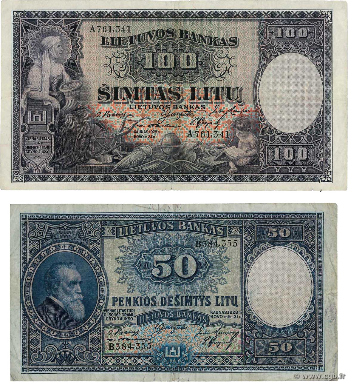 50 et 100 Litu Lot LITUANIA  1928 P.24a et P.25a BC+