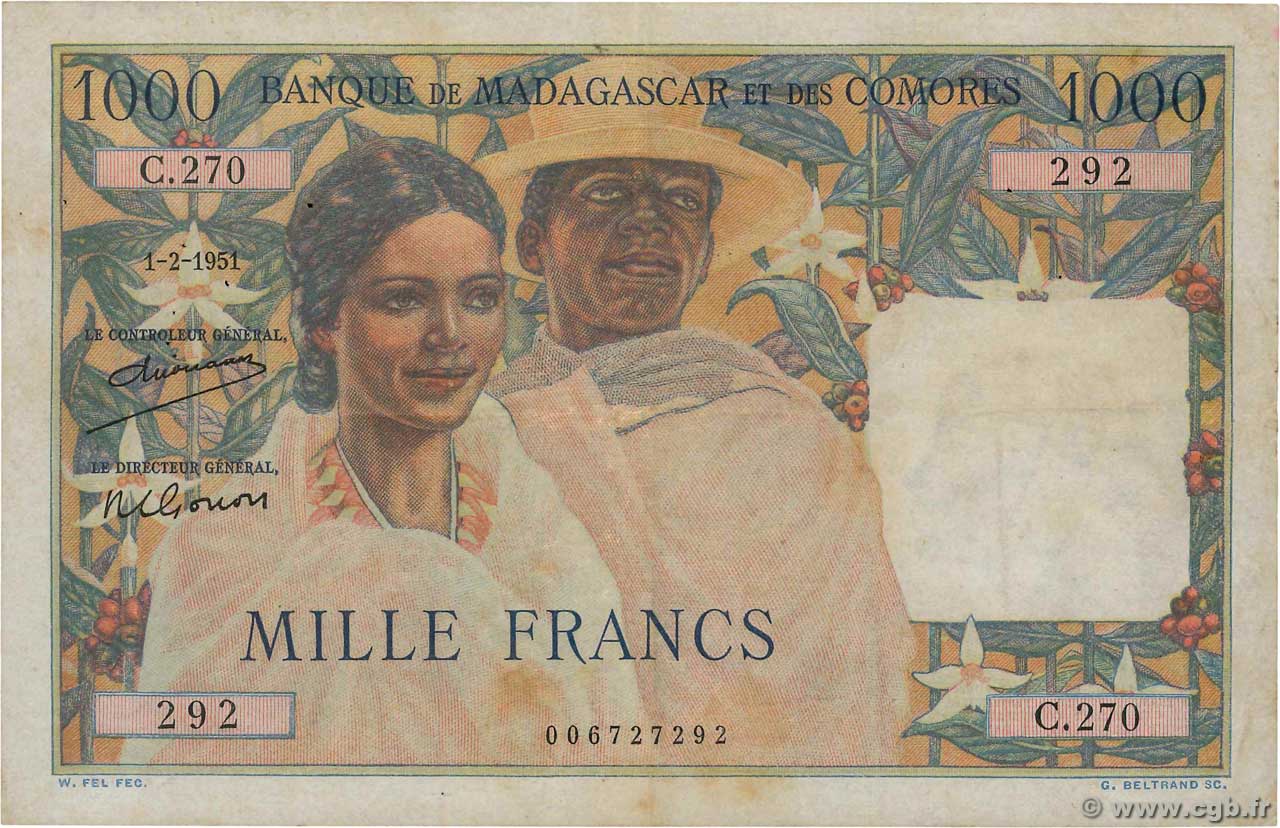 1000 Francs MADAGASCAR  1951 P.048a MBC