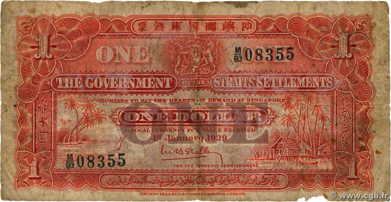 1 Dollar MALESIA - INSEDIAMENTI DELLO STRETTO  1929 P.09a q.B