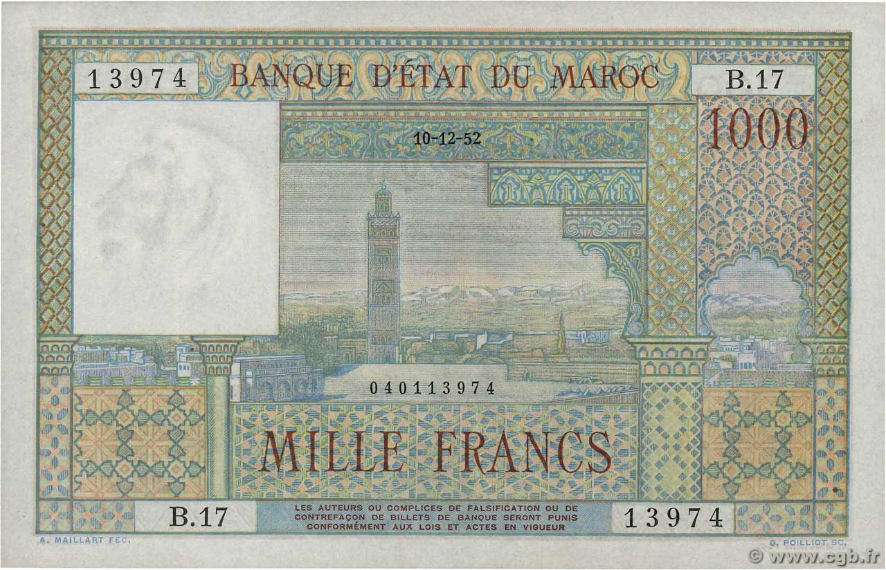 1000 Francs MAROKKO  1952 P.47 fST