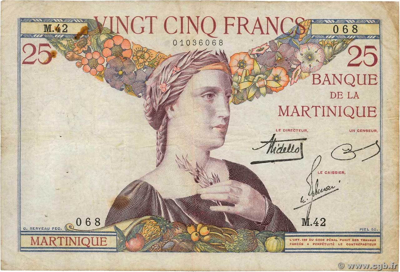 25 Francs MARTINIQUE  1938 P.12 MB