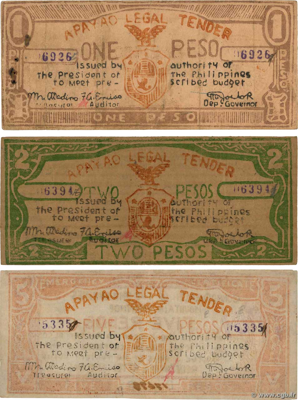 1, 2 et 5 Pesos Lot PHILIPPINES  1942 P.LOT TTB