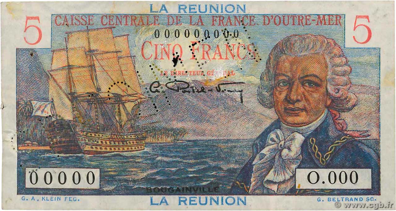 5 Francs Bougainville Spécimen ISLA DE LA REUNIóN  1946 P.41s BC+