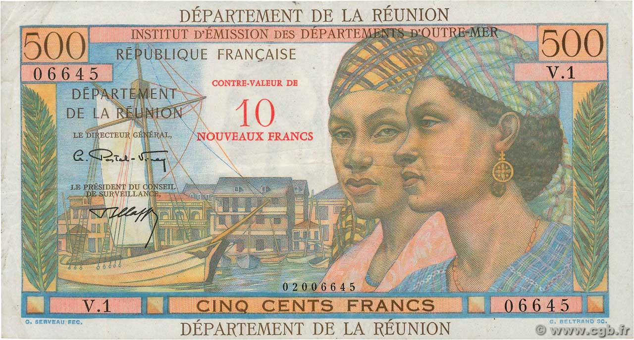 10 NF sur 500 Francs Pointe à Pitre REUNION ISLAND  1967 P.54b VF