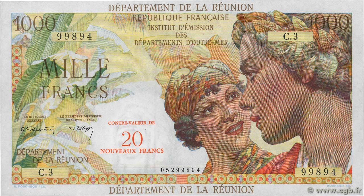 20 NF sur 1000 Francs Union Française REUNION ISLAND  1971 P.55b UNC-