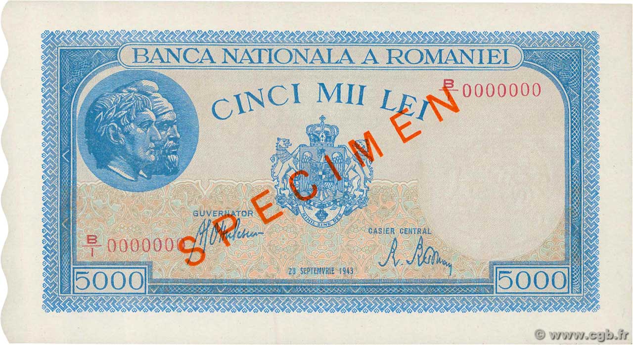 5000 Lei Spécimen ROMANIA  1943 P.055s q.FDC