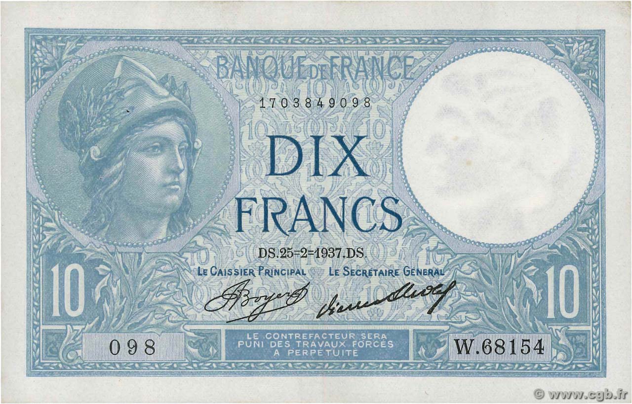 10 Francs MINERVE FRANCE  1937 F.06.18 pr.SPL