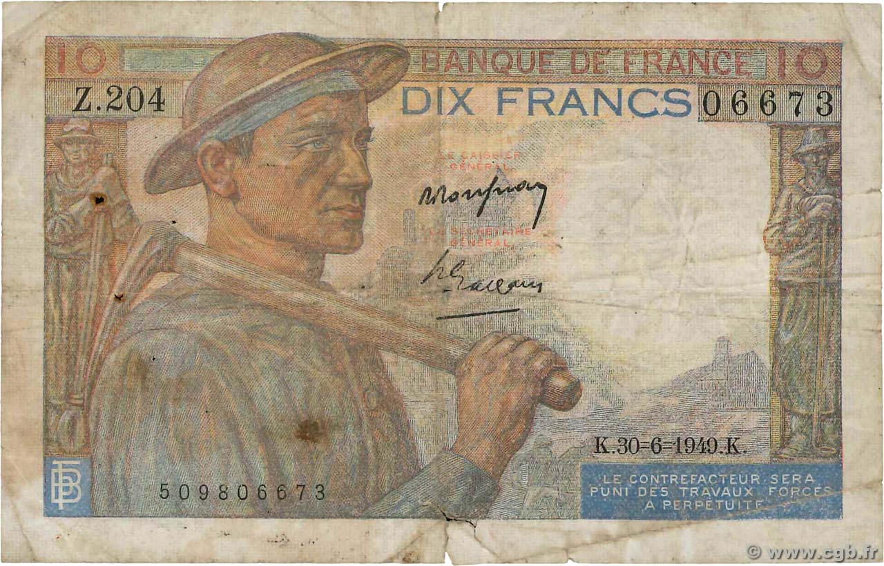 10 Francs MINEUR FRANCE  1949 F.08.22 B+
