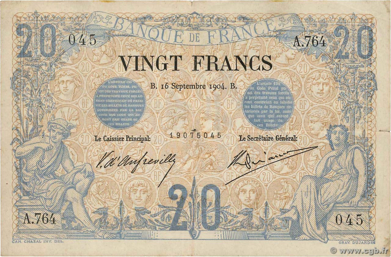 20 Francs NOIR FRANCE  1904 F.09.03 TB