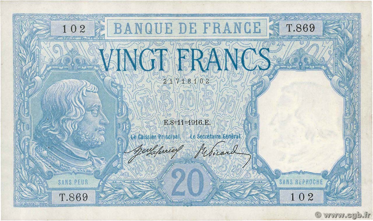 20 Francs BAYARD FRANCE  1916 F.11.01 pr.SUP