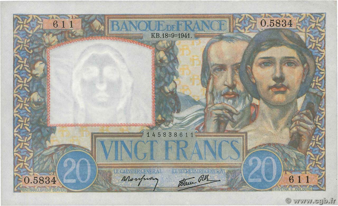 20 Francs TRAVAIL ET SCIENCE FRANCE  1941 F.12.18 SPL