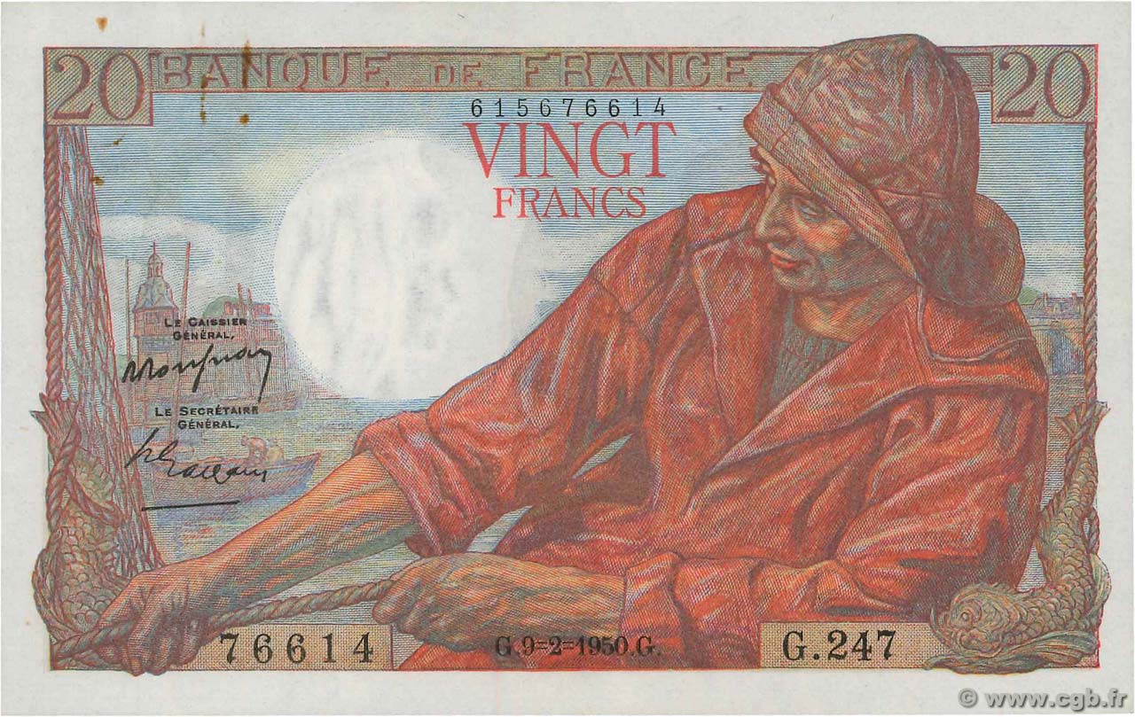 20 Francs PÊCHEUR FRANCE  1950 F.13.17a pr.SPL