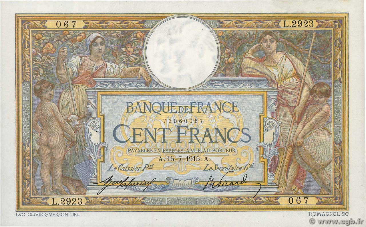 100 Francs LUC OLIVIER MERSON sans LOM FRANCE  1915 F.23.07 SUP