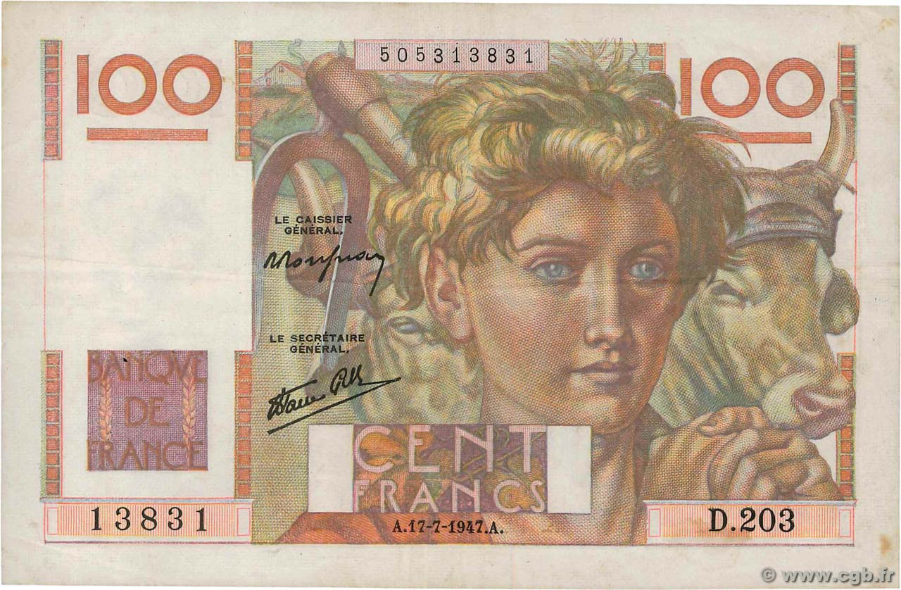 100 Francs JEUNE PAYSAN Favre-Gilly FRANCE  1947 F.28ter.01 TTB