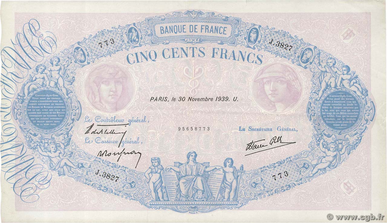 500 Francs BLEU ET ROSE modifié FRANCE  1939 F.31.50 SUP+