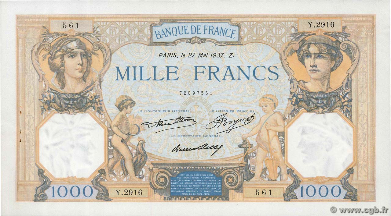 1000 Francs CÉRÈS ET MERCURE FRANCIA  1937 F.37.10 q.AU