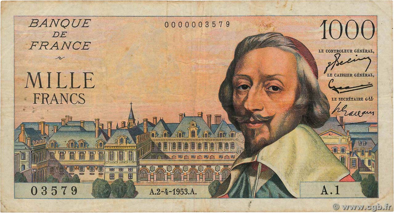 1000 Francs RICHELIEU Petit numéro FRANCE  1953 F.42.01A1 TB