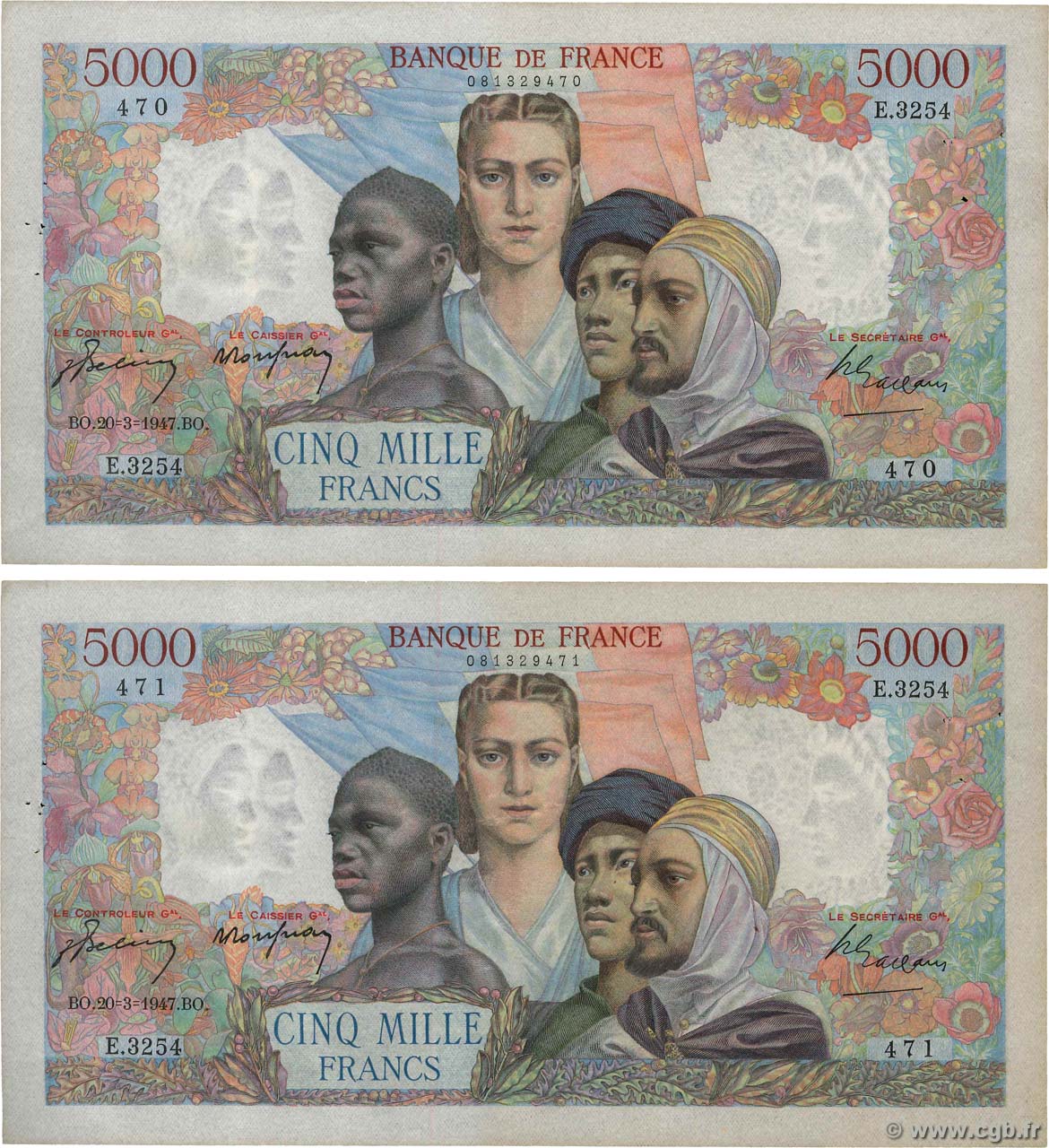 5000 Francs EMPIRE FRANÇAIS Consécutifs FRANKREICH  1947 F.47.59 fVZ