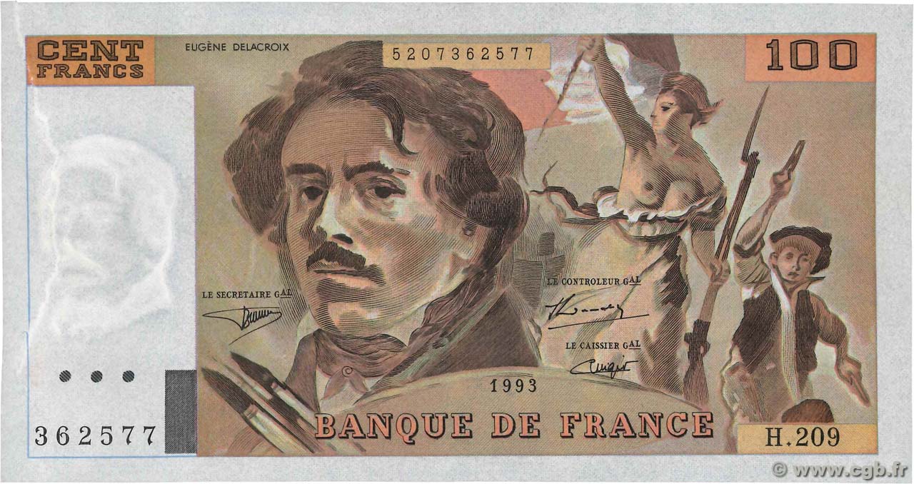 100 Francs DELACROIX UNIFACE FRANCIA  1995 F.69bisU.05 SPL