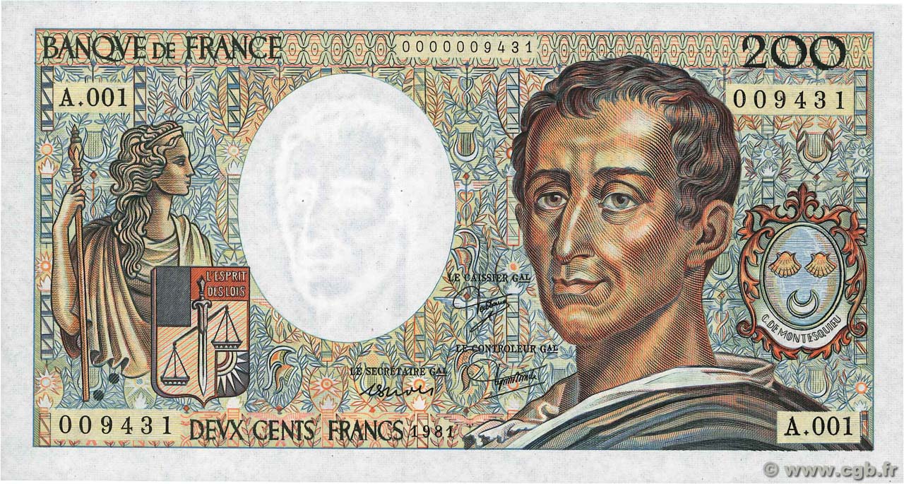 200 Francs MONTESQUIEU Petit numéro FRANCE  1981 F.70.01A1 SPL+