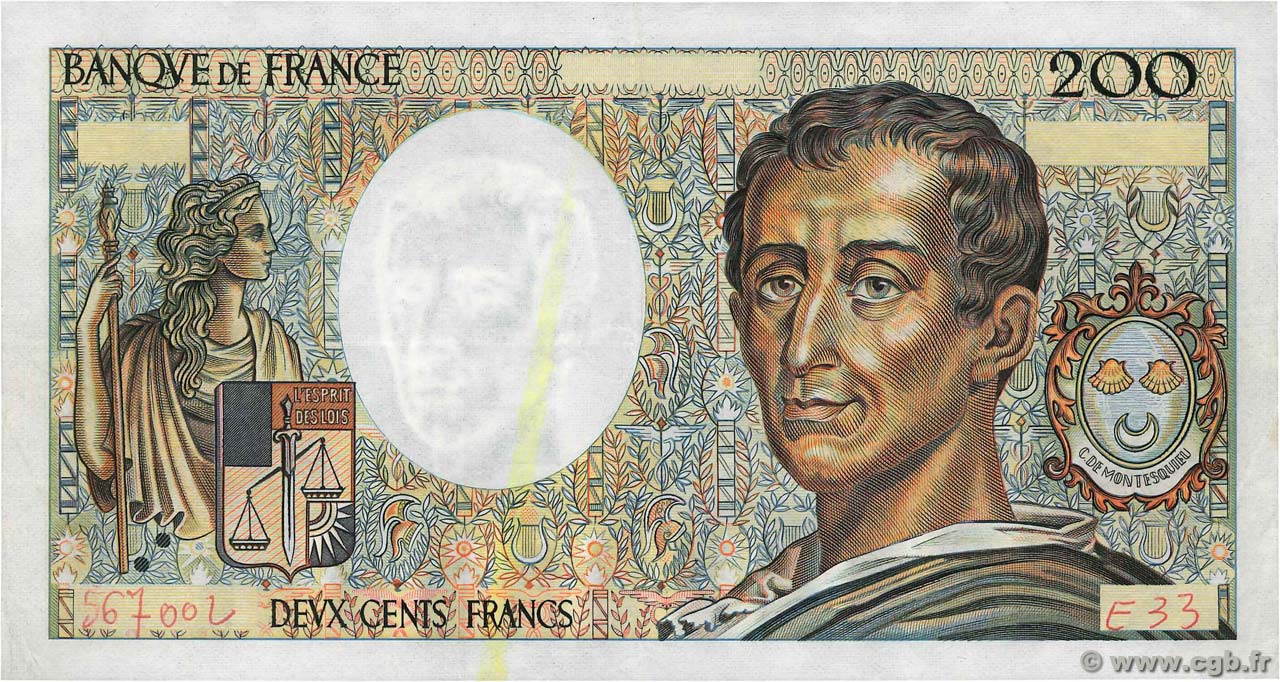 200 Francs MONTESQUIEU Fauté FRANCIA  1985 F.70.05 MBC