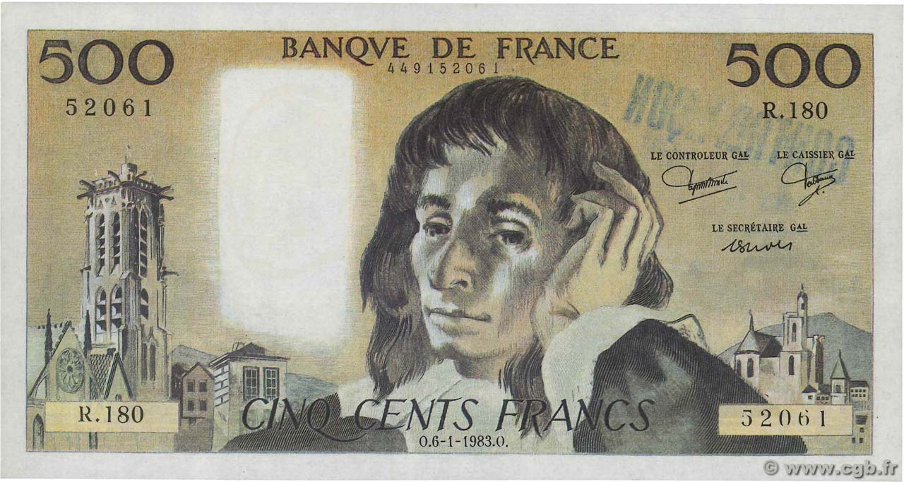 500 Francs PASCAL Faux FRANCIA  1983 F.71.28x q.FDC