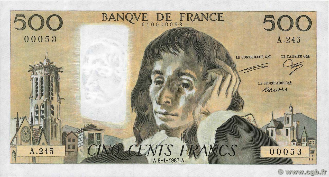 500 Francs PASCAL Petit numéro FRANKREICH  1987 F.71.35A245 fST+