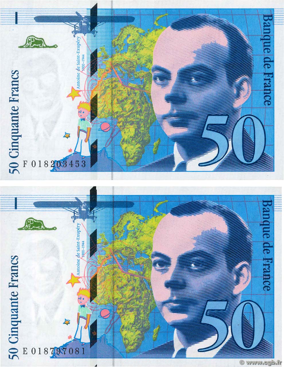 50 Francs SAINT-EXUPÉRY modifié Lot FRANKREICH  1994 F.73.01b-c fST+