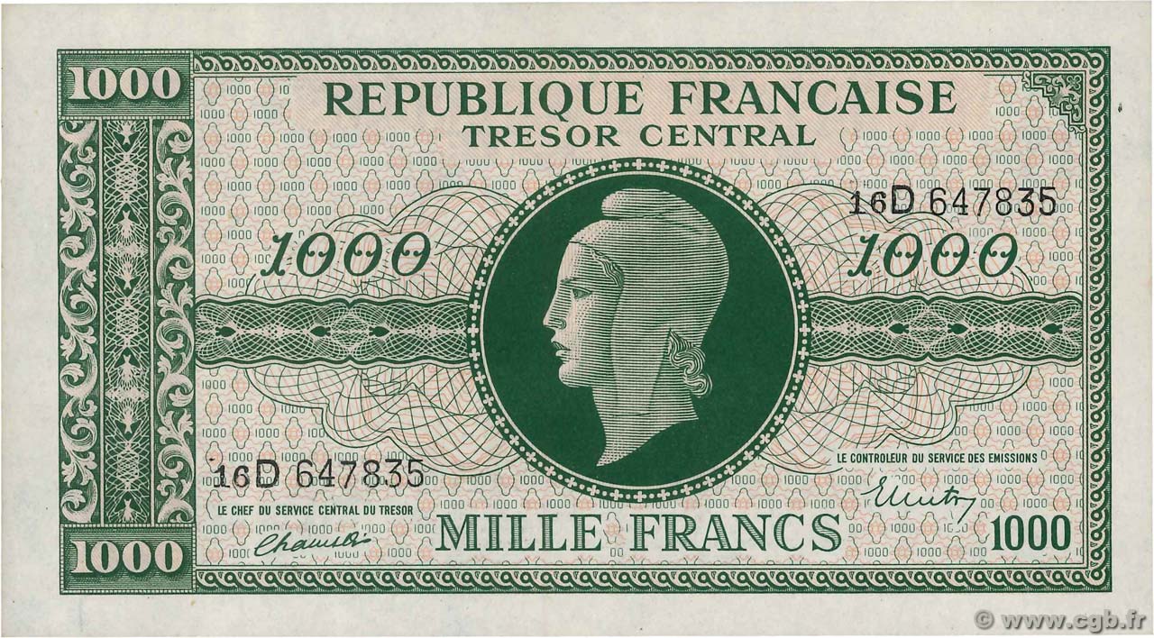 1000 Francs MARIANNE THOMAS DE LA RUE FRANCIA  1945 VF.13.01 AU