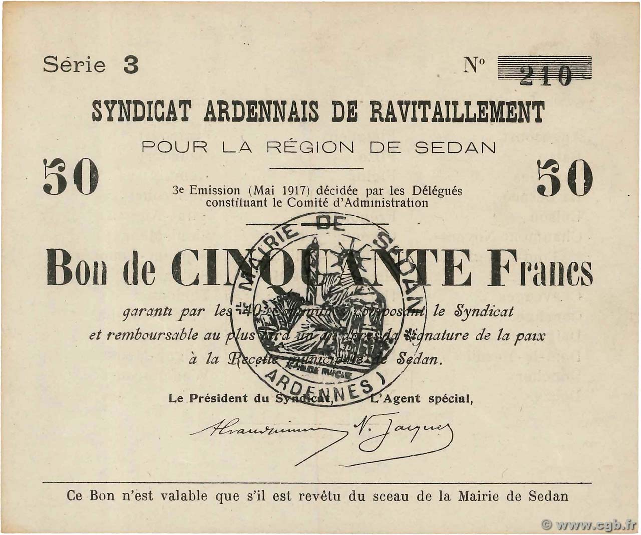 50 Francs FRANCE Regionalismus und verschiedenen Sedan 1917 JP.08-296 fST