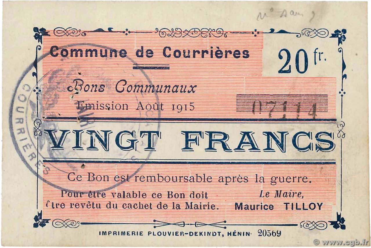 20 Francs FRANCE Regionalismus und verschiedenen Courrieres 1915 JP.62-0329 VZ