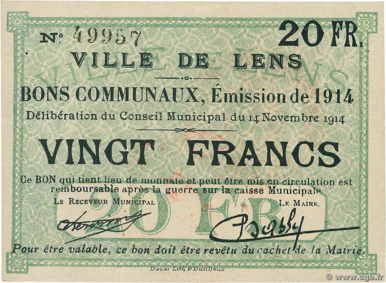 20 Francs FRANCE regionalismo e varie Lens 1914 JP.62-0795 AU