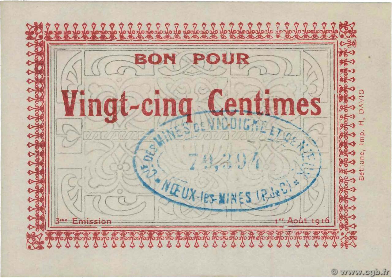 25 Centimes FRANCE regionalism and various Nœux-Les-Mines 1916 JP.62-0998 AU