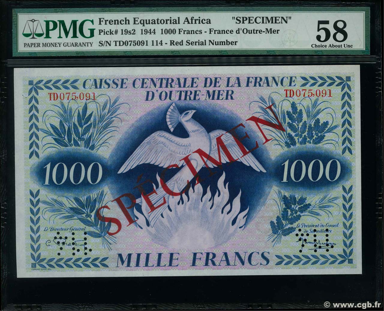 1000 Francs Phénix Spécimen FRENCH EQUATORIAL AFRICA  1944 P.19s2 AU