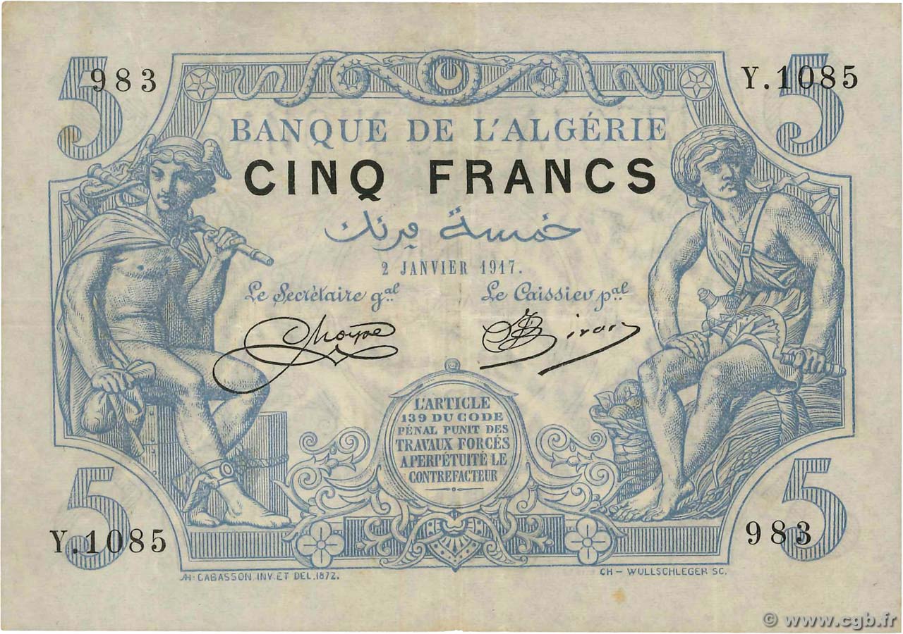 5 Francs ALGÉRIE  1917 P.071a TTB