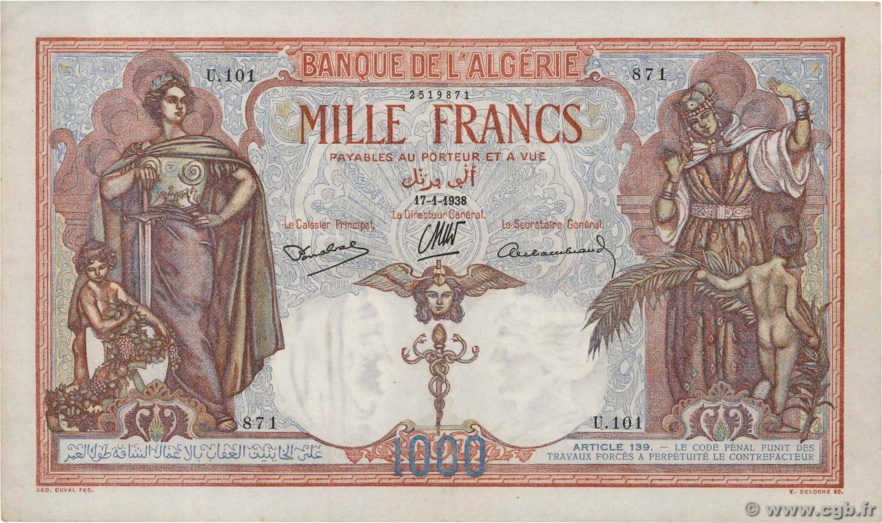 1000 Francs ALGERIA  1938 P.083a XF-