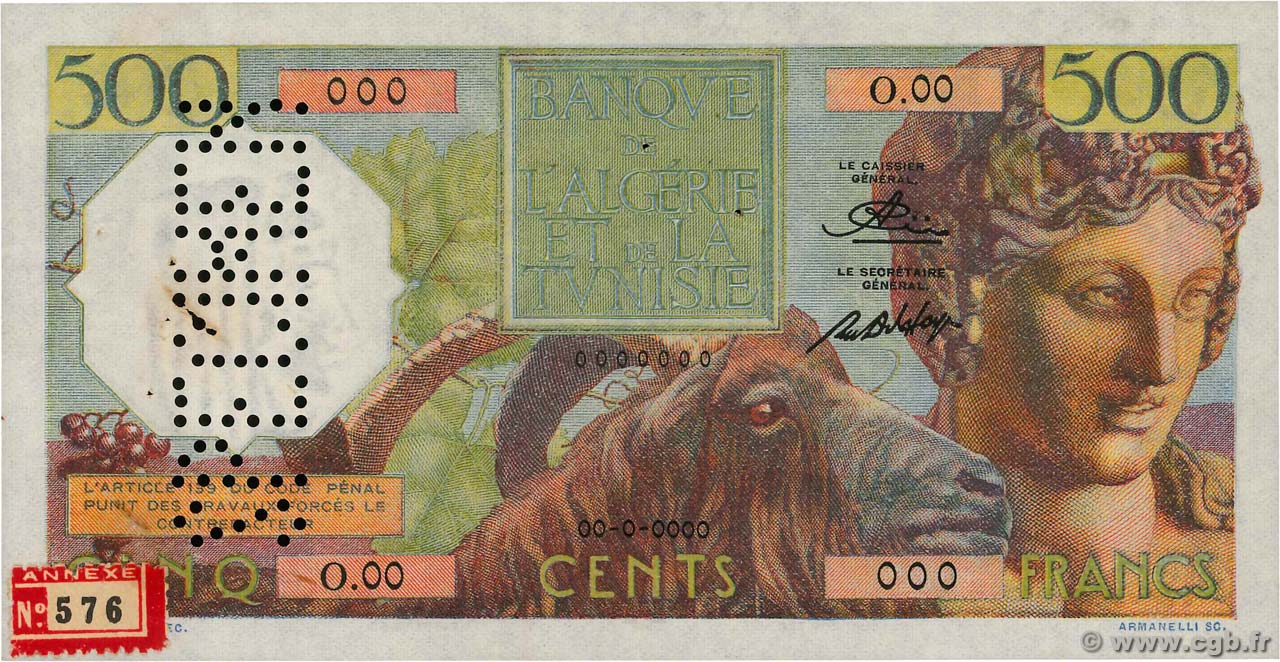 500 Francs Spécimen ALGÉRIE  1950 P.106s TTB+
