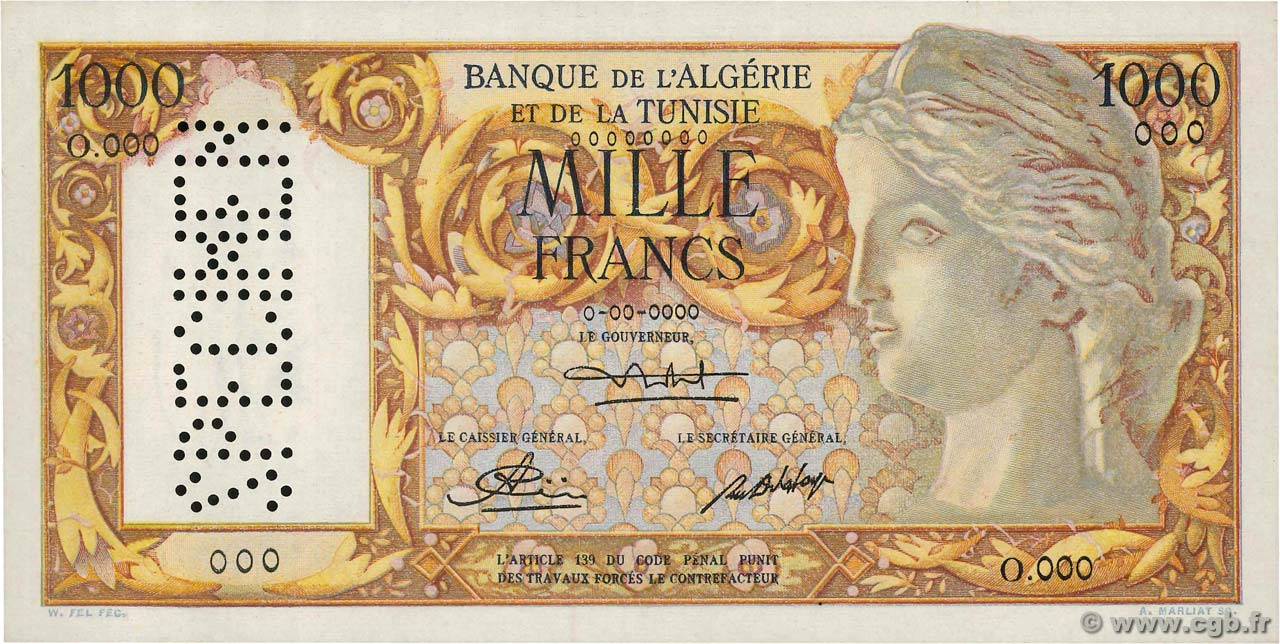 1000 Francs Spécimen ALGERIA  1950 P.107s XF+